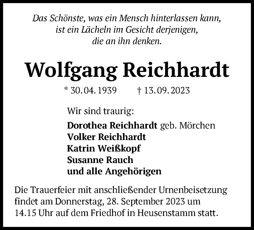  Traueranzeige für Wolfgang Reichhardt vom 20.09.2023 aus OF