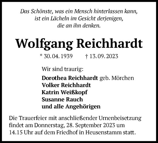 Traueranzeige von Wolfgang Reichhardt von OF