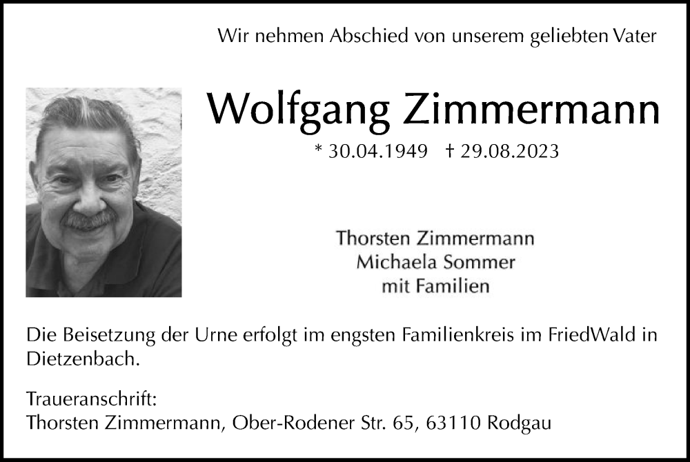  Traueranzeige für Wolfgang Zimmermann vom 13.09.2023 aus OF