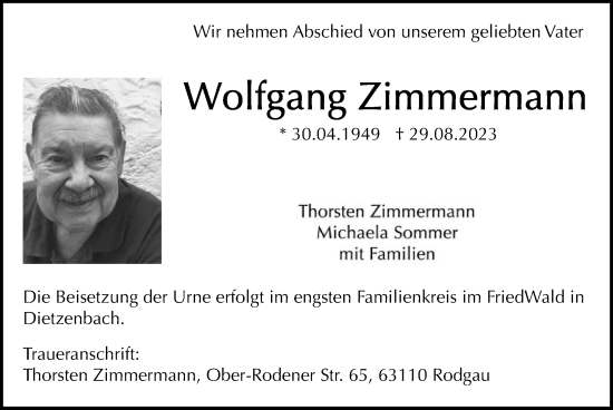 Traueranzeige von Wolfgang Zimmermann von OF