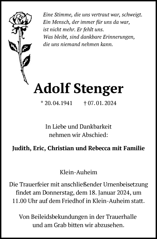 Traueranzeige von Adolf Stenger von OF