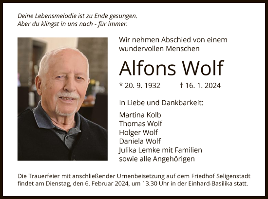 Traueranzeige von Alfons Wolf von OF