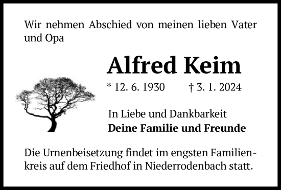 Traueranzeige von Alfred Keim von OF