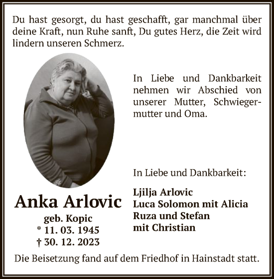 Traueranzeige von Anka Arlovic von OF