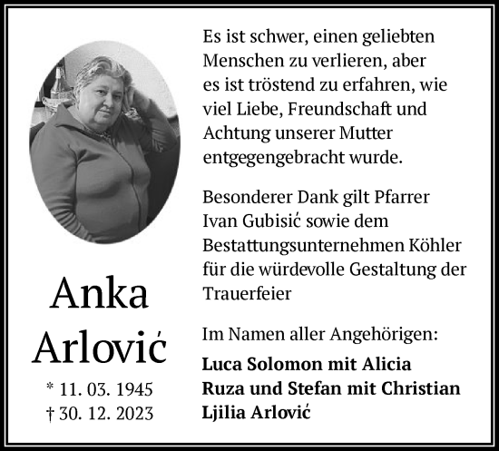 Traueranzeige von Anka Arlovic von OF