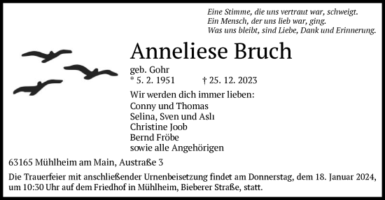 Traueranzeige von Anneliese Bruch von OF