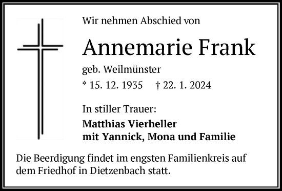 Traueranzeige von Annemarie Frank von OF