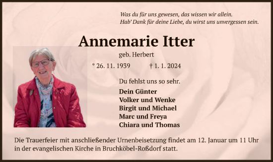 Traueranzeige von Annemarie Itter von OF