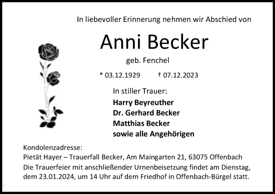 Traueranzeige von Anni Becker von OF