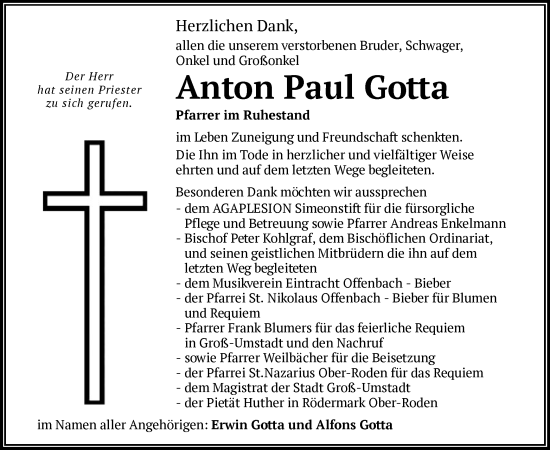 Traueranzeige von Anton Paul Gotta von OF