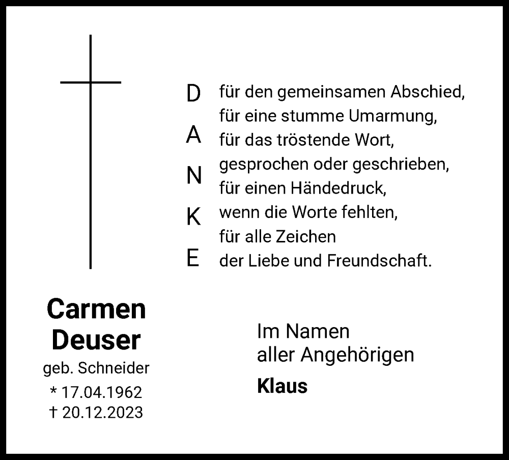  Traueranzeige für Carmen Deuser vom 13.01.2024 aus OF