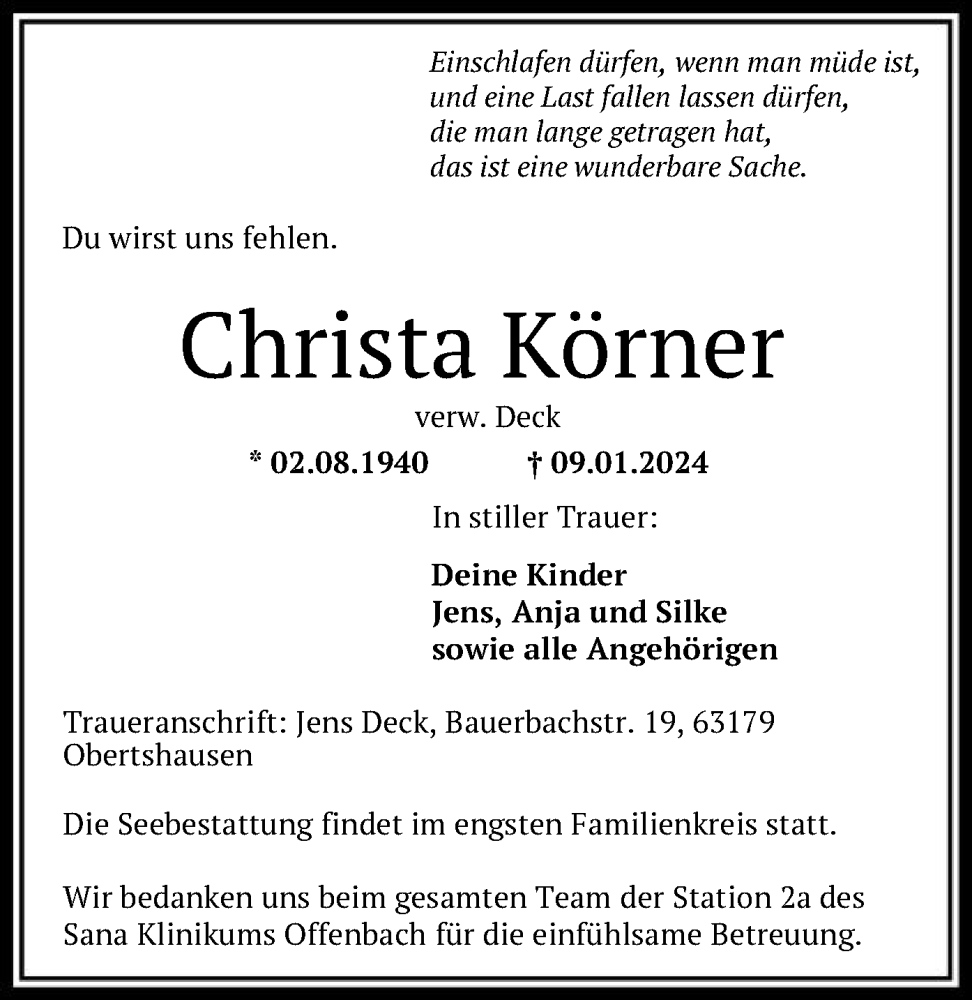  Traueranzeige für Christa Körner vom 13.01.2024 aus OF