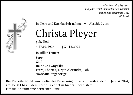 Traueranzeige von Christa Pleyer von OF