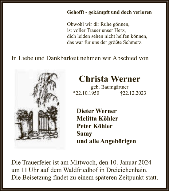 Traueranzeige von Christa Werner von OF
