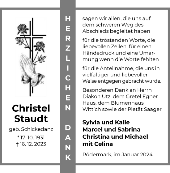 Traueranzeige von Christel Staudt von OF