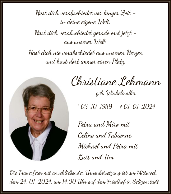 Traueranzeige von Christiane Lehmann von OF