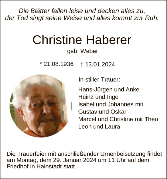 Traueranzeige von Christine Haberer von OF