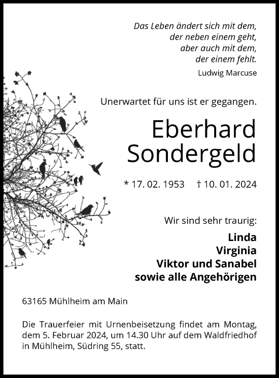 Traueranzeige von Eberhard Sondergeld von OF