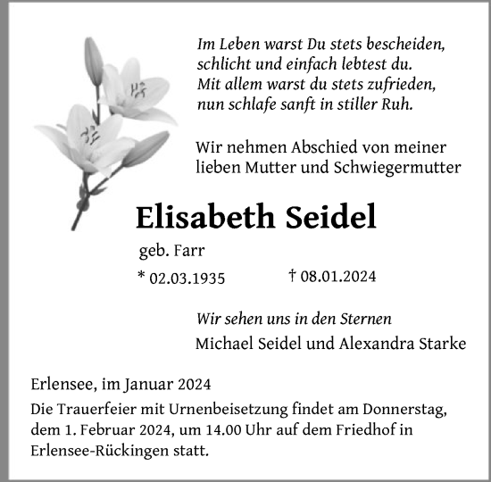 Traueranzeige von Elisabeth Seidel von OF