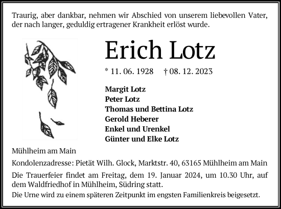 Traueranzeige von Erich Lotz von OF