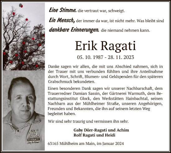 Traueranzeige von Erik Ragati von OF