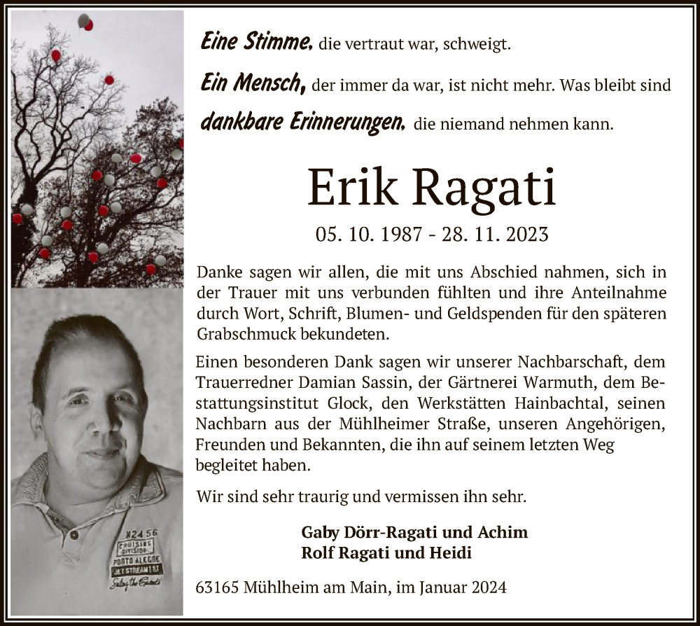  Traueranzeige für Erik Ragati vom 13.01.2024 aus OF
