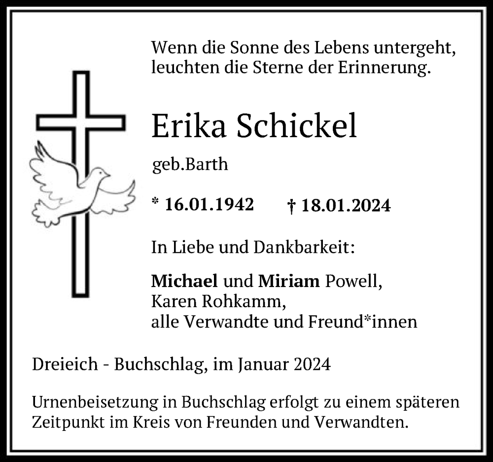  Traueranzeige für Erika Schickel vom 27.01.2024 aus OF