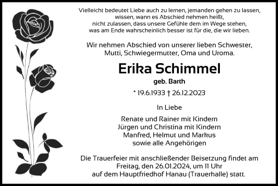 Traueranzeige von Erika Schimmel von OF