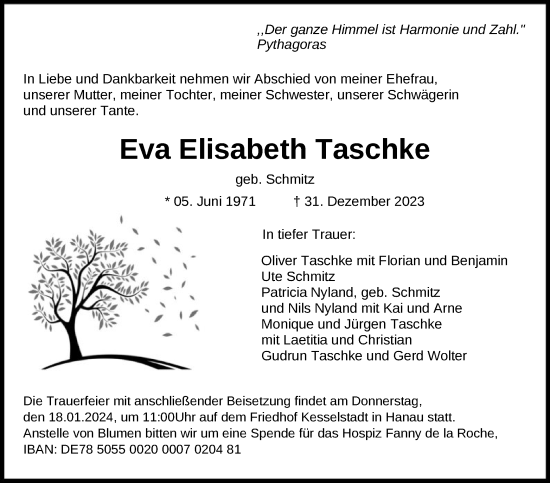 Traueranzeige von Eva Elisabeth Taschke von OF