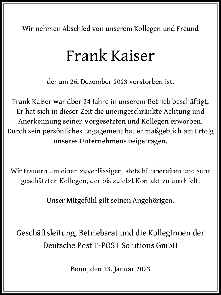  Traueranzeige für Frank Kaiser vom 13.01.2024 aus OF