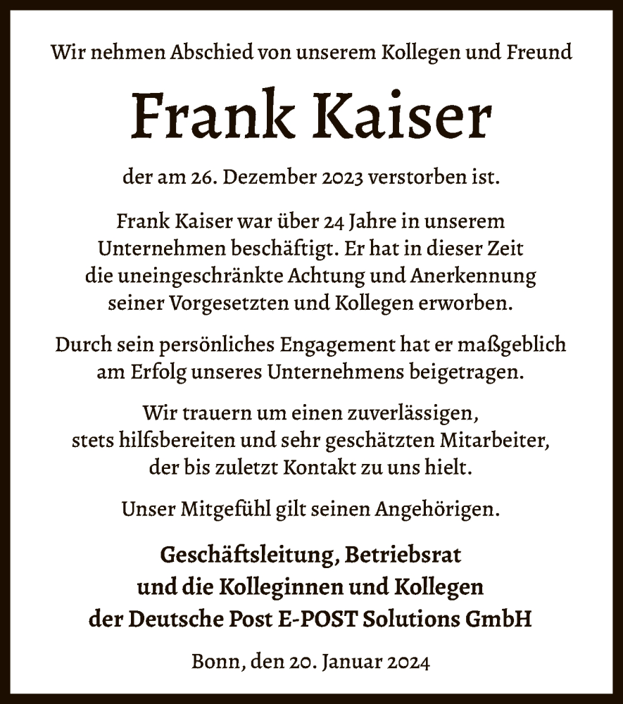  Traueranzeige für Frank Kaiser vom 20.01.2024 aus OF