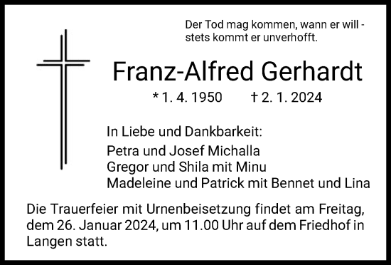 Traueranzeige von Franz-Alfred Gerhardt von OF