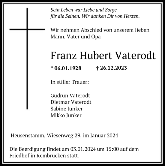 Traueranzeige von Franz Hubert Vaterodt von OF