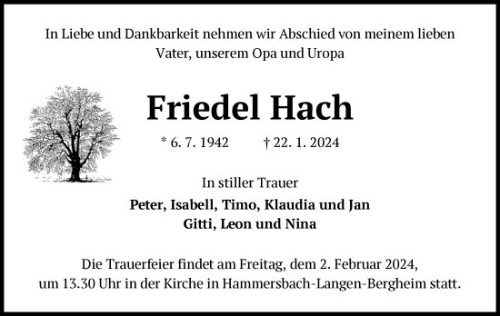 Traueranzeige von Friedel Hach von OF