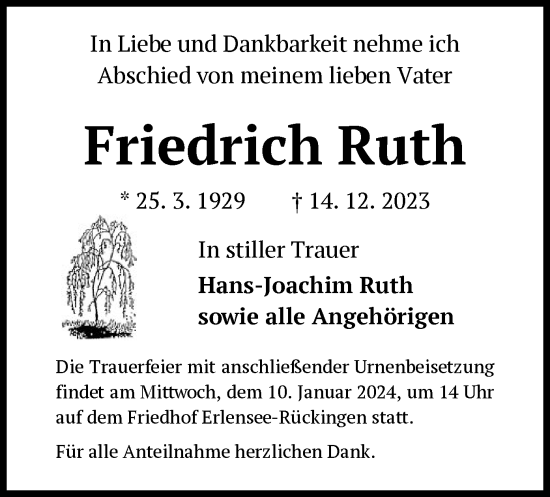 Traueranzeige von Friedrich Ruth von OF