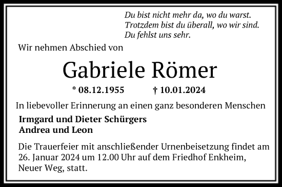 Traueranzeige von Gabriele Römer von OF