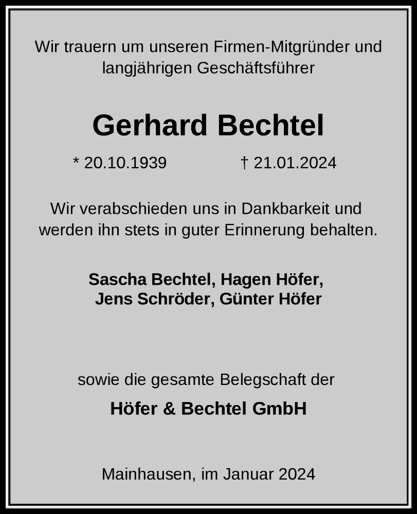  Traueranzeige für Gerhard Bechtel vom 27.01.2024 aus OF