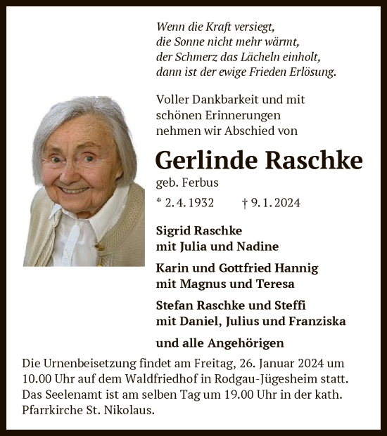 Traueranzeige von Gerlinde Raschke von OF