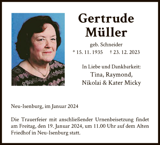 Traueranzeige von Gertrude Müller von OF