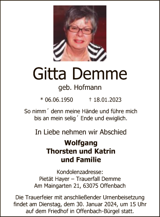 Traueranzeige von Gitta Demme von OF