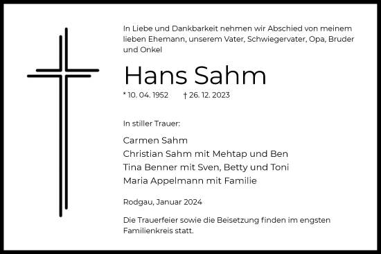 Traueranzeige von Hans Sahm von OF