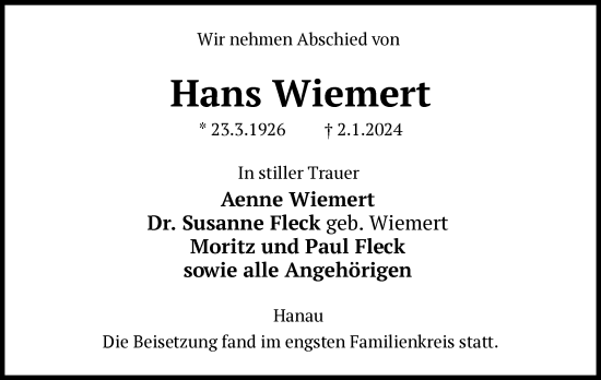 Traueranzeige von Hans Wiemert von OF