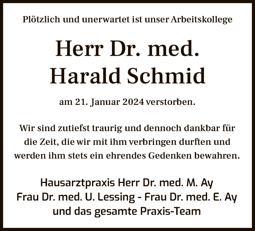  Traueranzeige für Harald Schmid vom 27.01.2024 aus OF