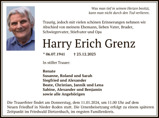 Traueranzeige von Harry Erich Grenz von OF