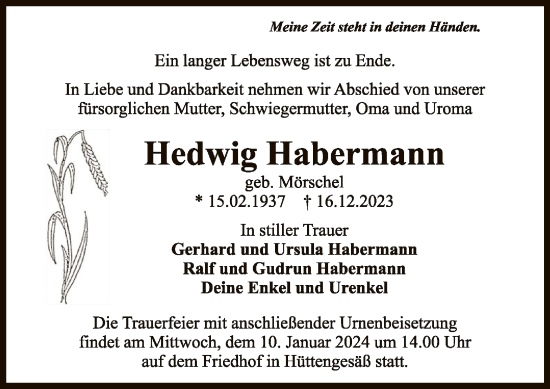 Traueranzeige von Hedwig Habermann von OF