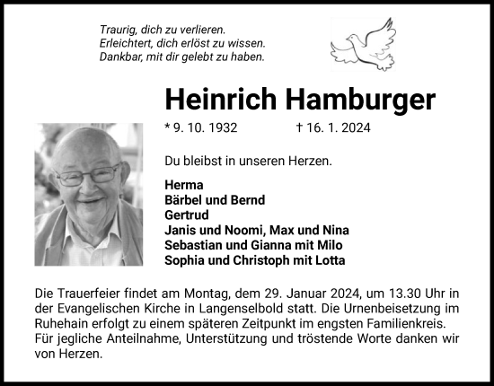 Traueranzeige von Heinrich Hamburger von OF