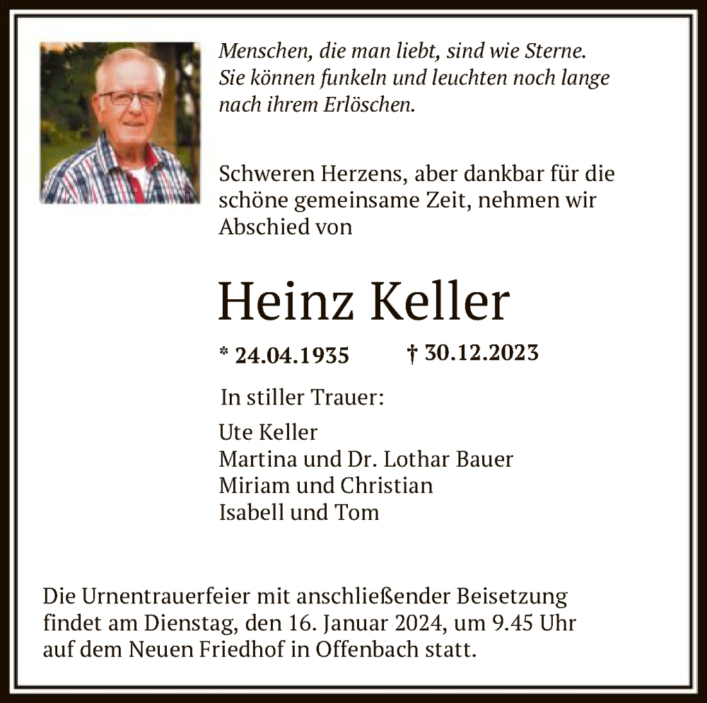  Traueranzeige für Heinz Keller vom 13.01.2024 aus OF