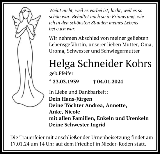 Traueranzeige von Helga Schneider Kohrs von OF