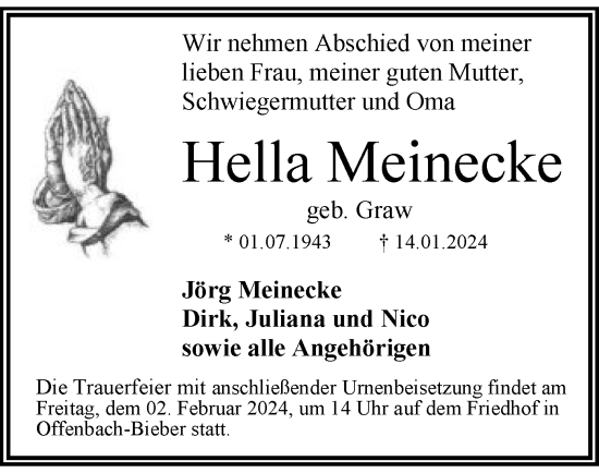 Traueranzeige von Hella Meinecke von OF