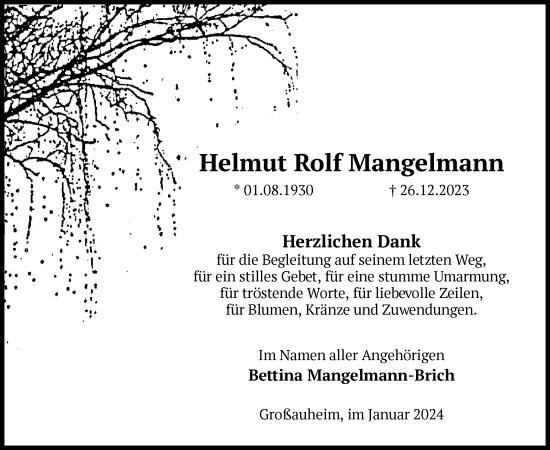 Traueranzeige von Helmut Rolf Mangelmann von OF